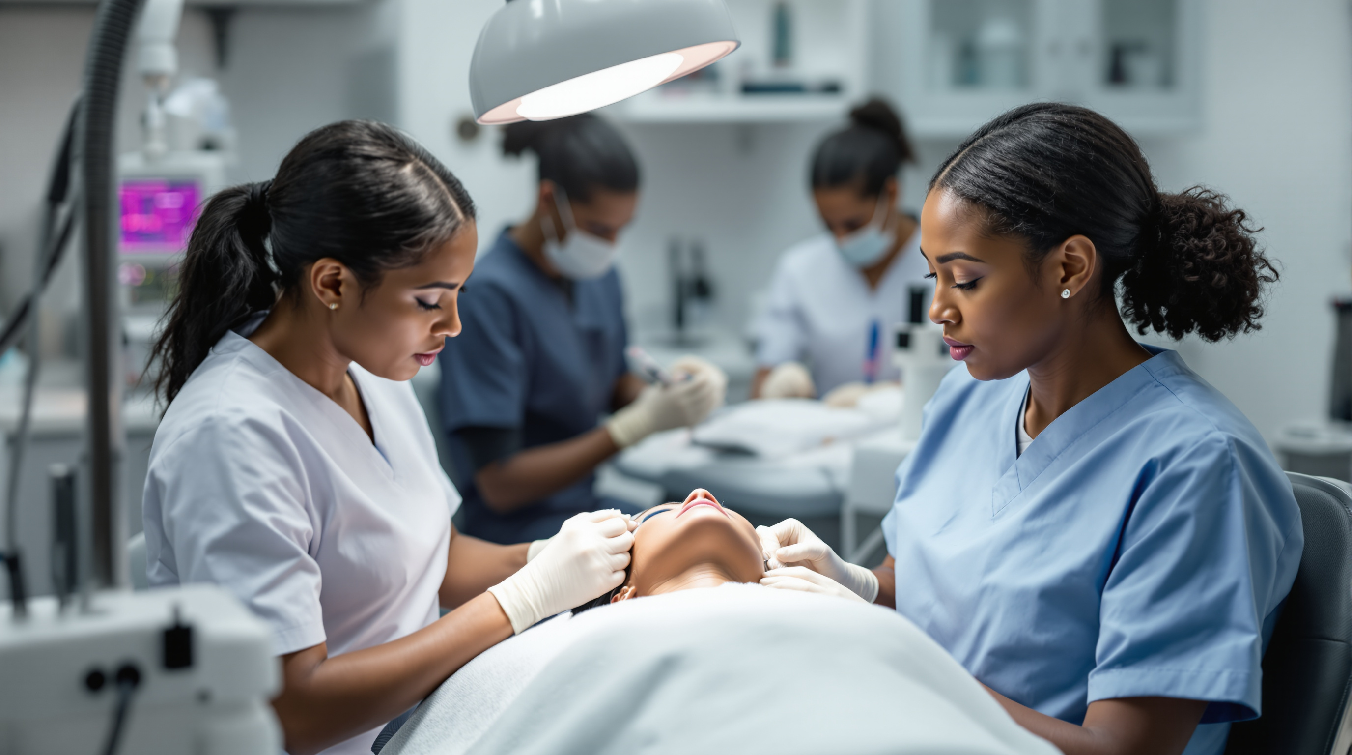 A gloved clinician performing a hair reduction treatment on the jawline of a Black man with textured facial hair