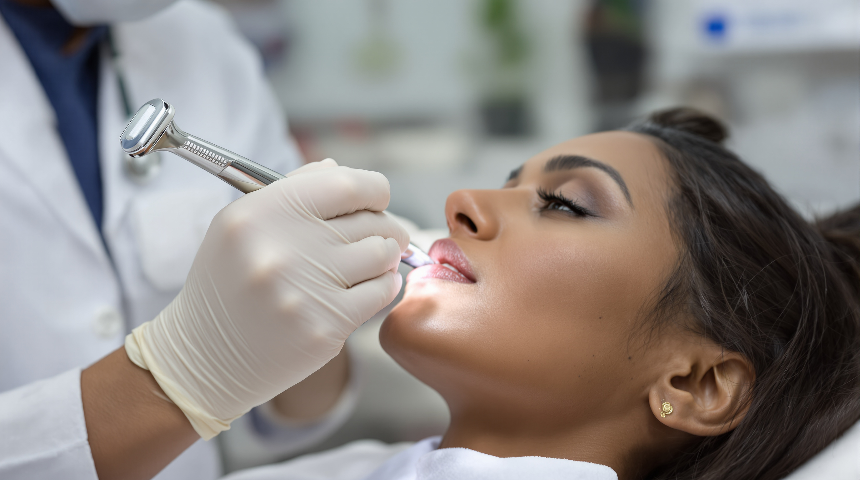 A dermatologist consulting with a Black man about his jawline in a bright modern clinic