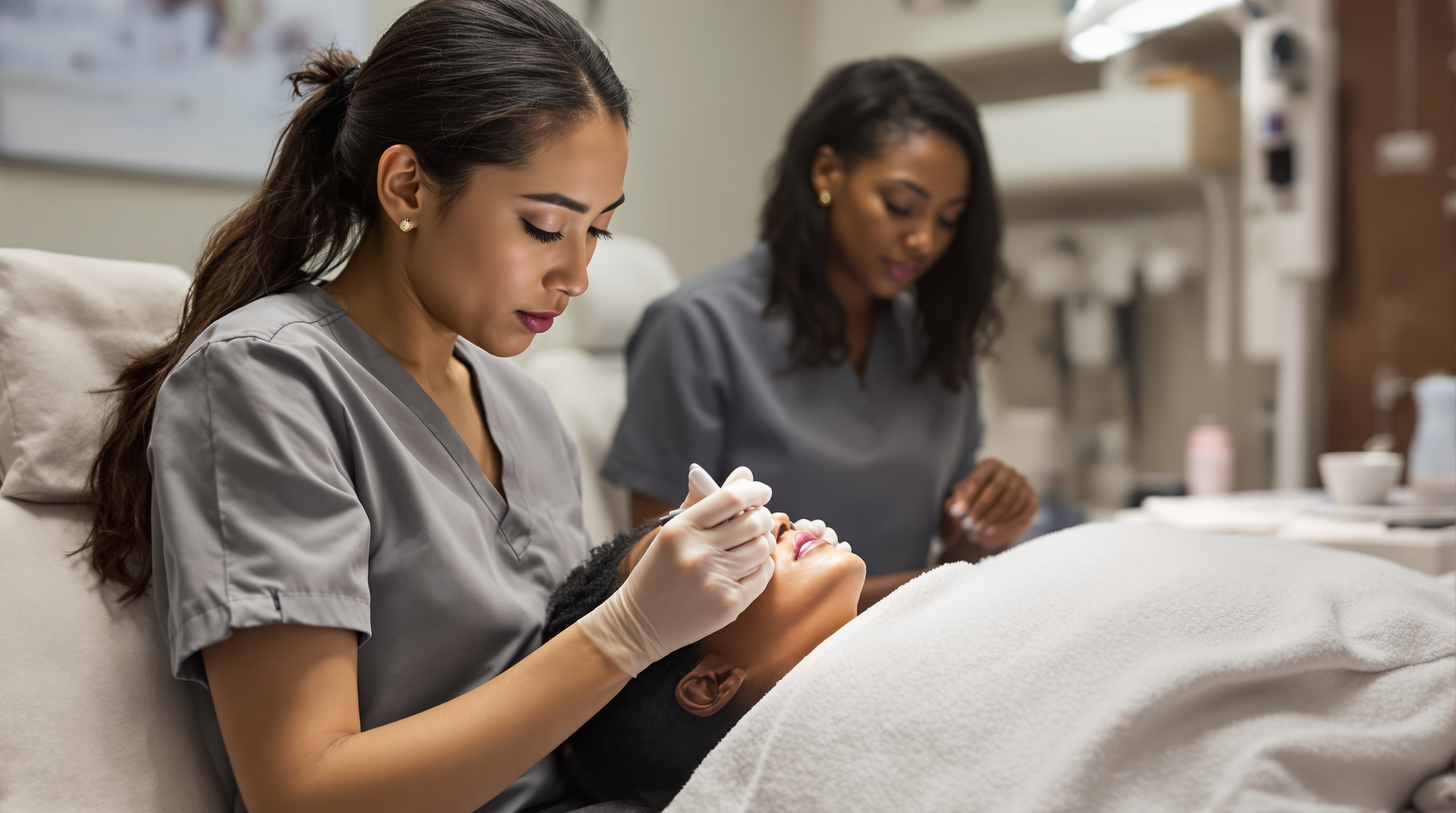 A clinician performing laser hair reduction on the jaw of a person with deep skin